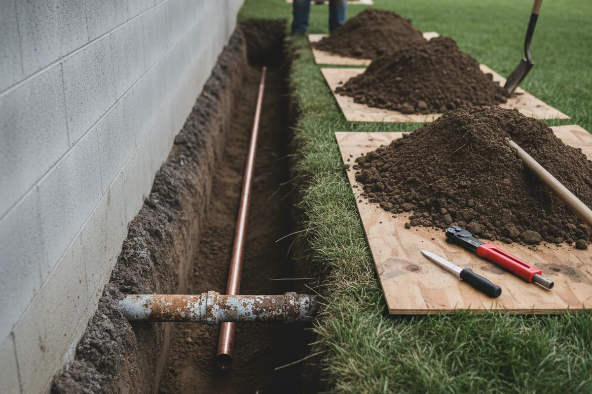 Excavated water line trench during Sewer Line Repair in Lewistown